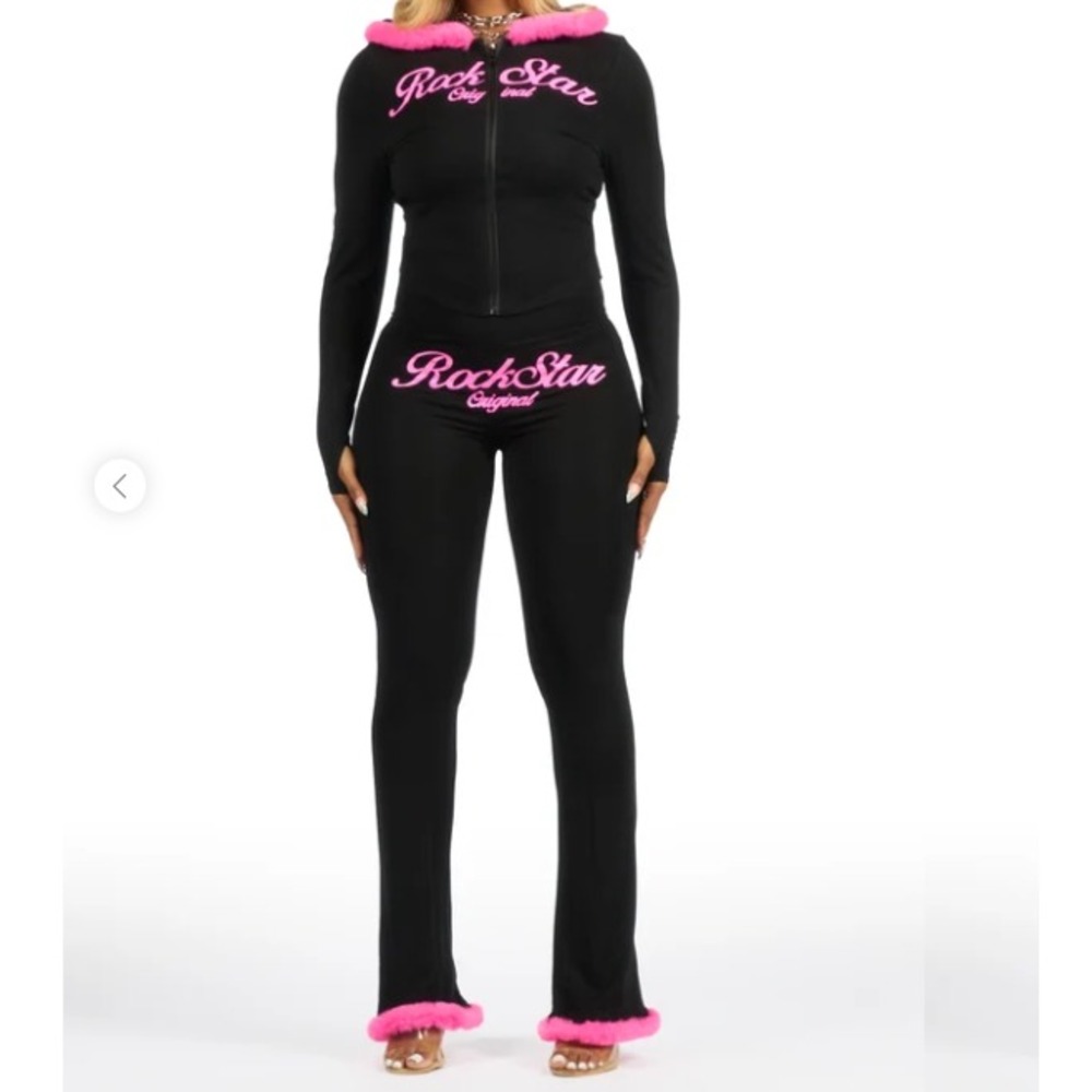 Rockstar Original Womens M Black Pink Fur Trim Track Set Hoodie Pants Streetwear